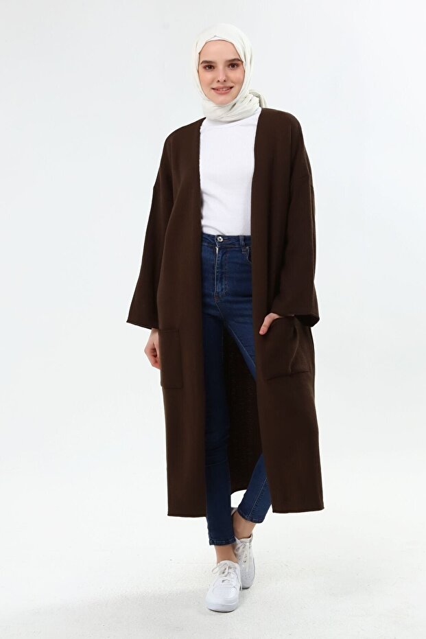 Women's Brown Winter Kimono Sleeve Pocket V-Neck Cardigan 4100