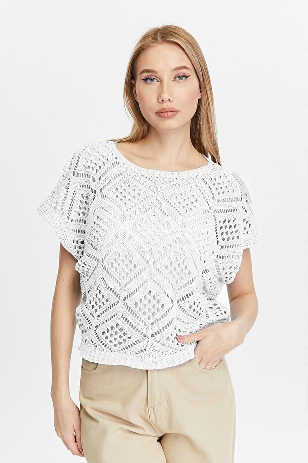 Women's White Standard Size Perforated Cotton Knitwear Blouse