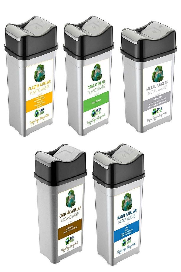 Sıfır Atık Kutusu 35 Lt*5 Adet Geri Dönüşüm Kutusu Çift Kapaklı  kağıt-organik-cam-plastik metal - 1