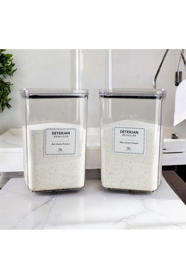 2 Adet Etiketli Deterjan Kutusu Vakum Kapaklı Renkliler Beyazlar Deterjan Saklama Kabı 2900 ml - 1
