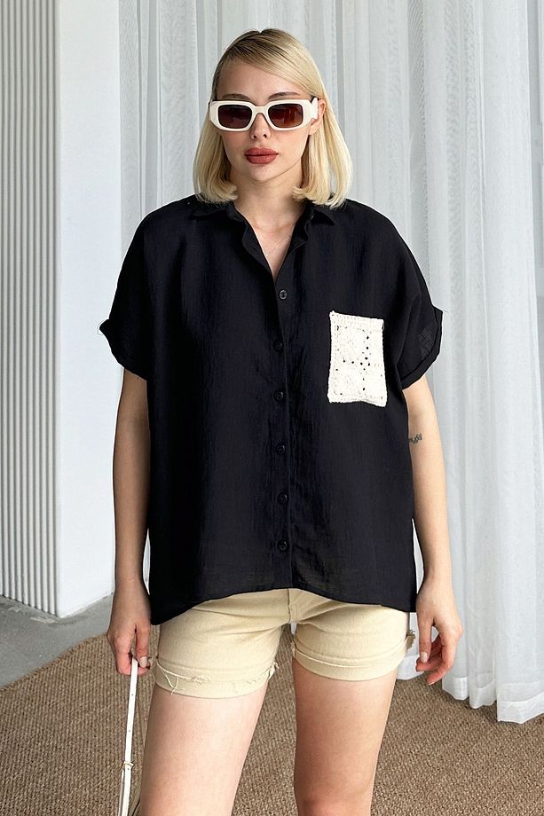 Kadın Siyah Kroşeta Cepli Oversize Keten Gömlek Prm0855 - 1