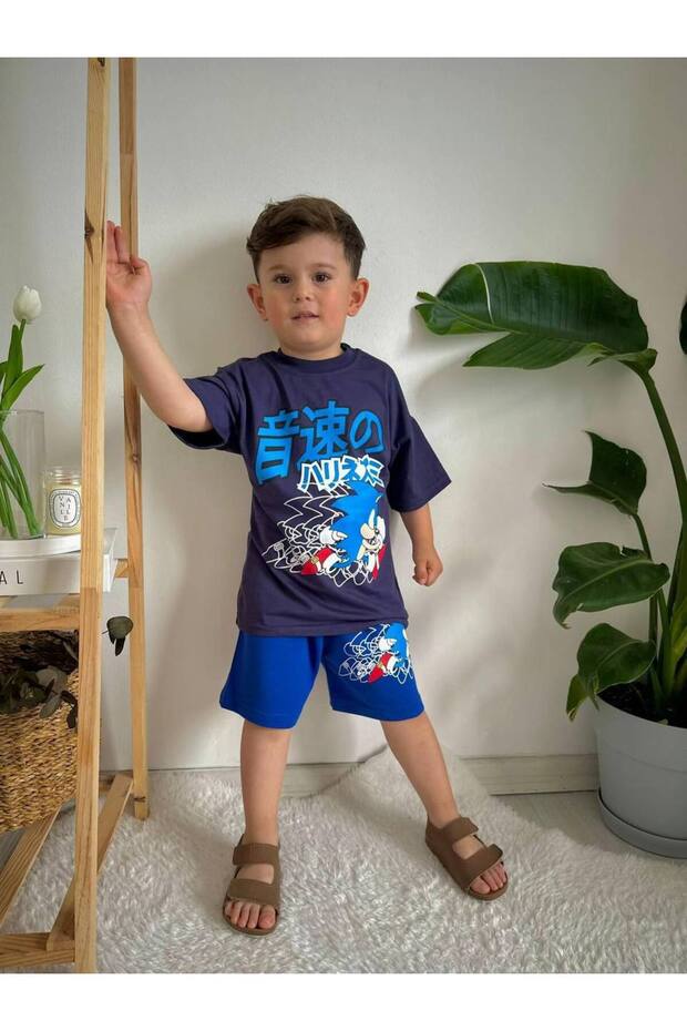 طقم صيفي مطبوع عليه شخصيات سونيك باللون الأزرق - طقم سفلي وعلوي - 1