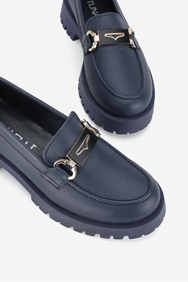 Women's Dark Blue Genuine Natural Leather 36-41 Size Buckle Loafer Shoes