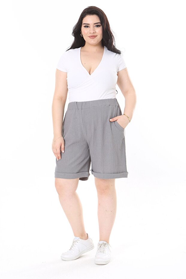 Women's Plus Size Gray Wrapped Fabric Elastic Waist Side Pocket Shorts 65N37979