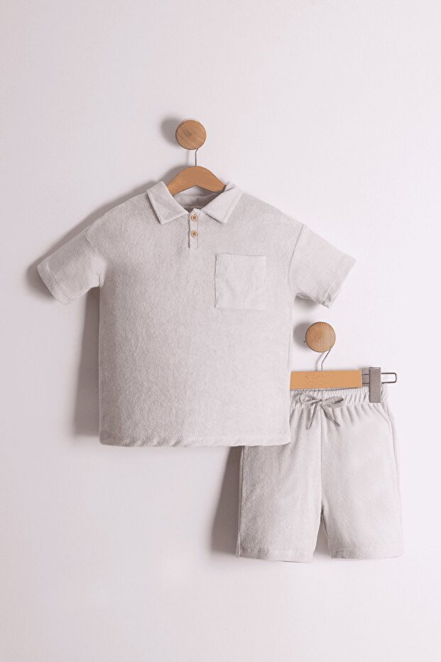 Boy's Shirt Collar Terry Fabric Stone Color T-Shirt - 2-Piece Set with Shorts