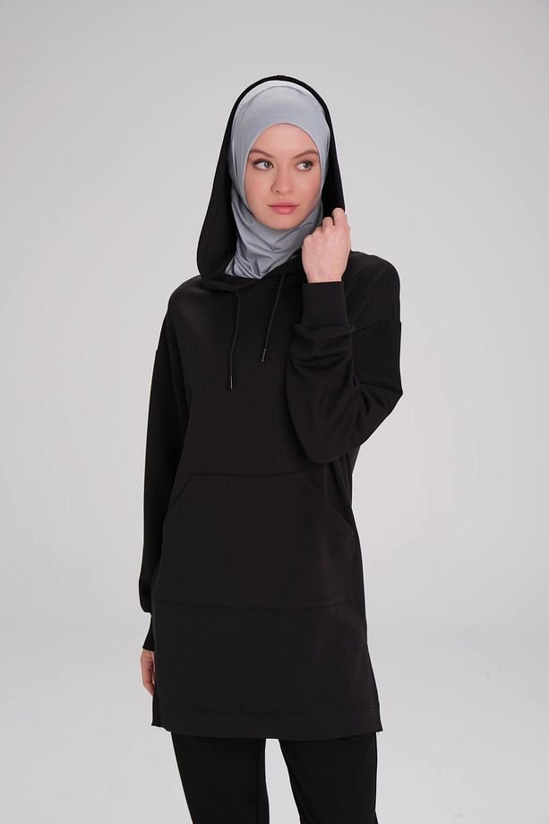 Yumuşak Dokulu Kapüşonlu Siyah Basic Günlük Sweatshirt ACT-13 - 2