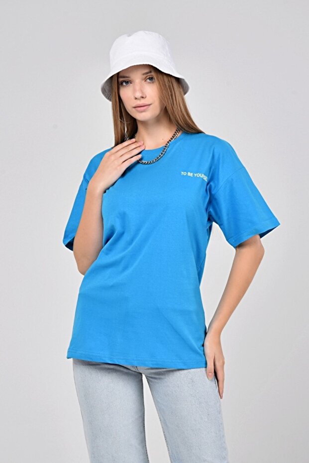 Women's to Be Yourself Printed Blue Oversize T-Shirt