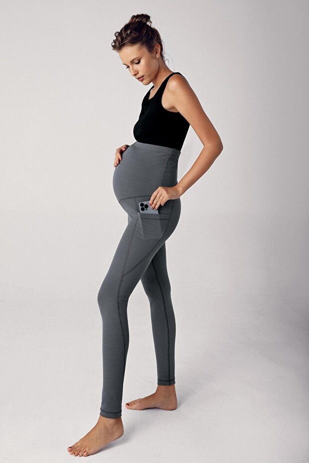 Ribbed Adjustable High Waist Stretchy Recovery Double Pocket Maternity Leggings F01