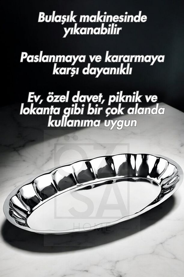 2'li Paslanmaz Çelik Meyve ve Salata Tabağı Servis Sunum Parlak Dilimli Kayık Tabak Seti No:4 & No:5 - 3