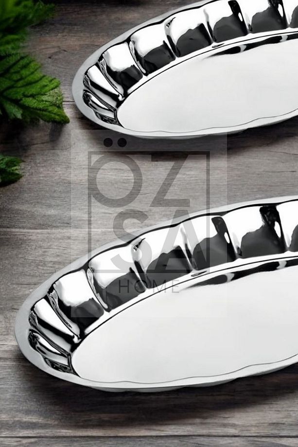 2'li Paslanmaz Çelik Meyve ve Salata Tabağı Servis Sunum Parlak Dilimli Kayık Tabak Seti No:4 & No:5 - 2