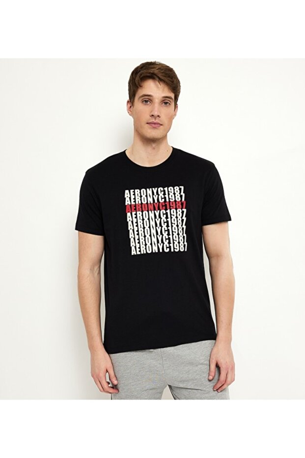 Men's Black Text Printed Crew Neck Short Sleeve T-Shirt