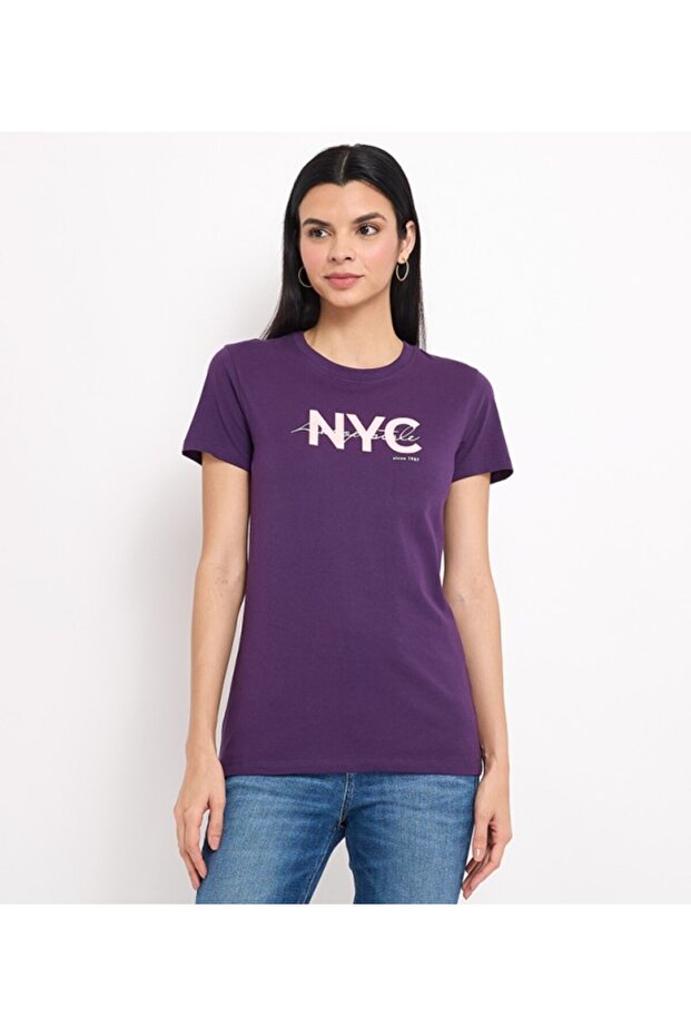 Women's Purple Text Printed Crew Neck Short Sleeve T-Shirt