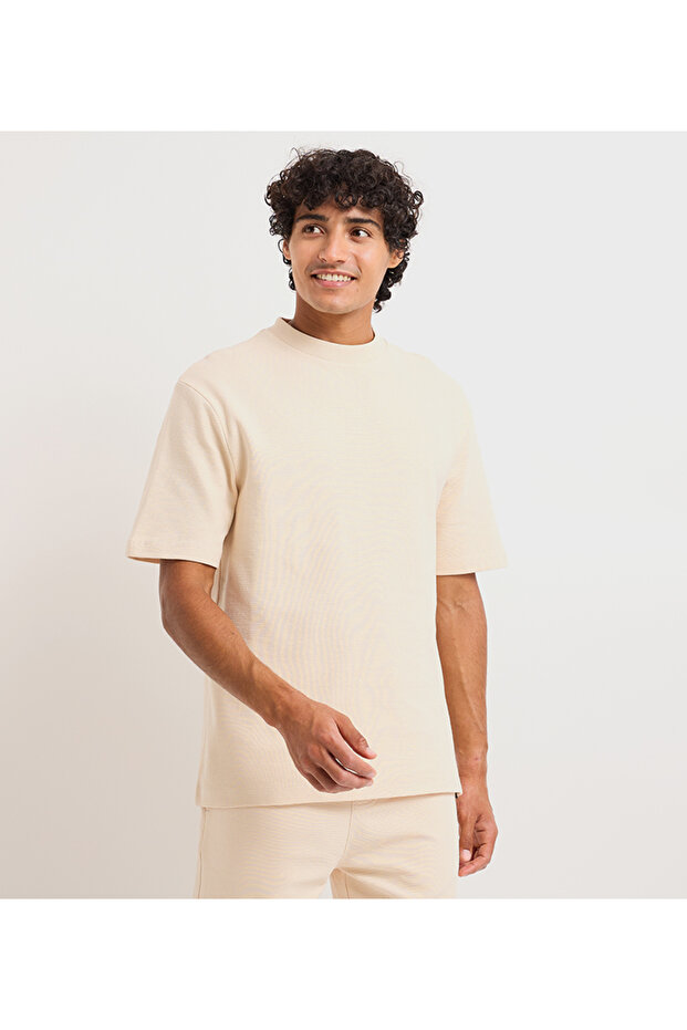 Men's Beige Plain Crew Neck Short Sleeve T-Shirt