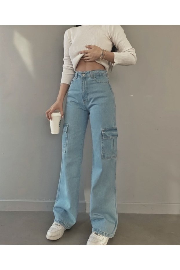 Ice Blue Cargo Pocket Lycra High Waist Loose Wide Leg Denim Trousers Flare Jean