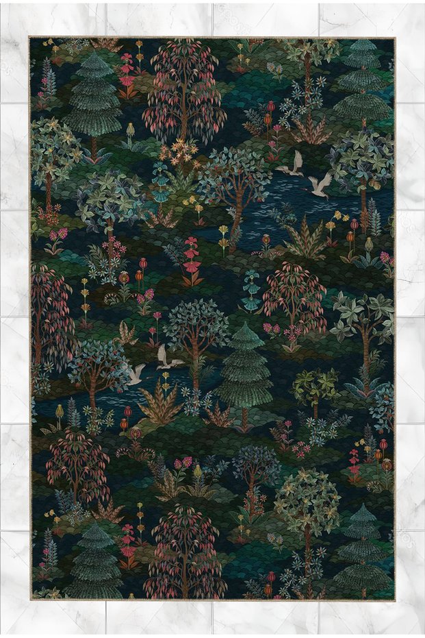 Green Blue Themed Forest Flowers Patterned Creative Modern Decorative Carpet 5172