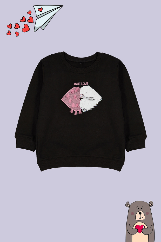 Siyah*001 Kız Çocuk Mevsimlik-İnce Kalp Desenli Örme Sweatshirt TKDAW25SW00001 - 2