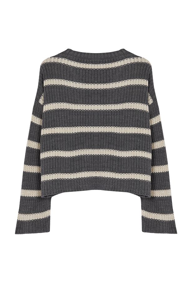 Antrasit Crop Basic Çizgili Triko Kazak TWOAW23KZ00390 - 7