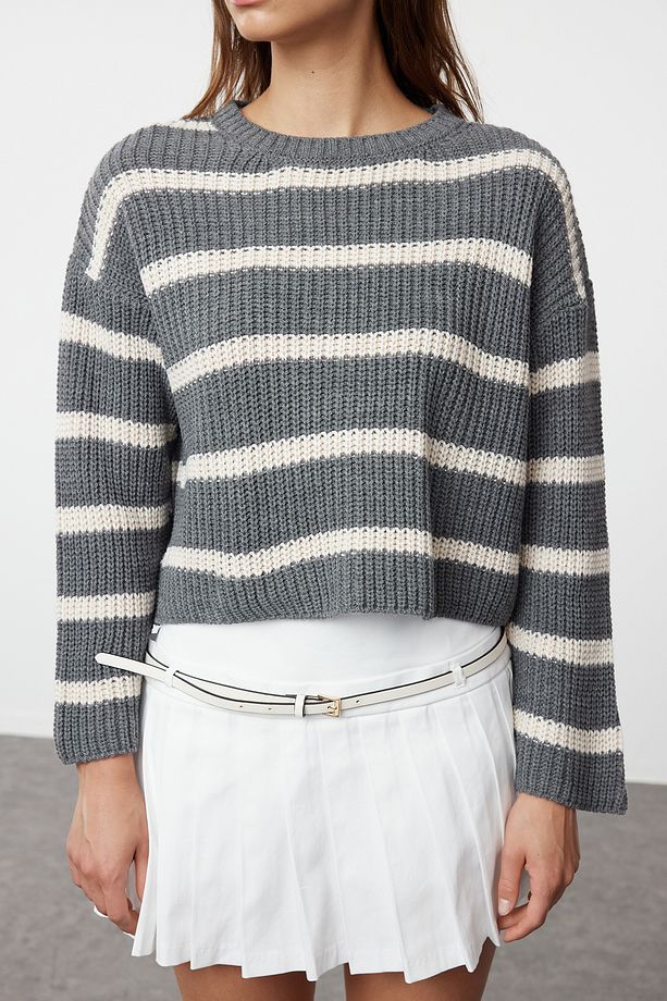 Antrasit Crop Basic Çizgili Triko Kazak TWOAW23KZ00390 - 4