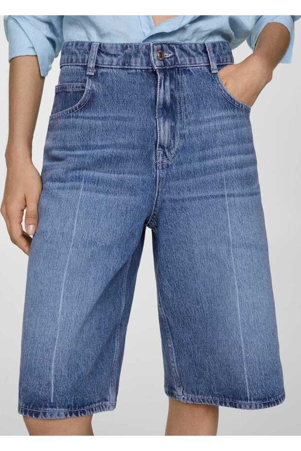 Düz Denim Bermuda Şort - 1