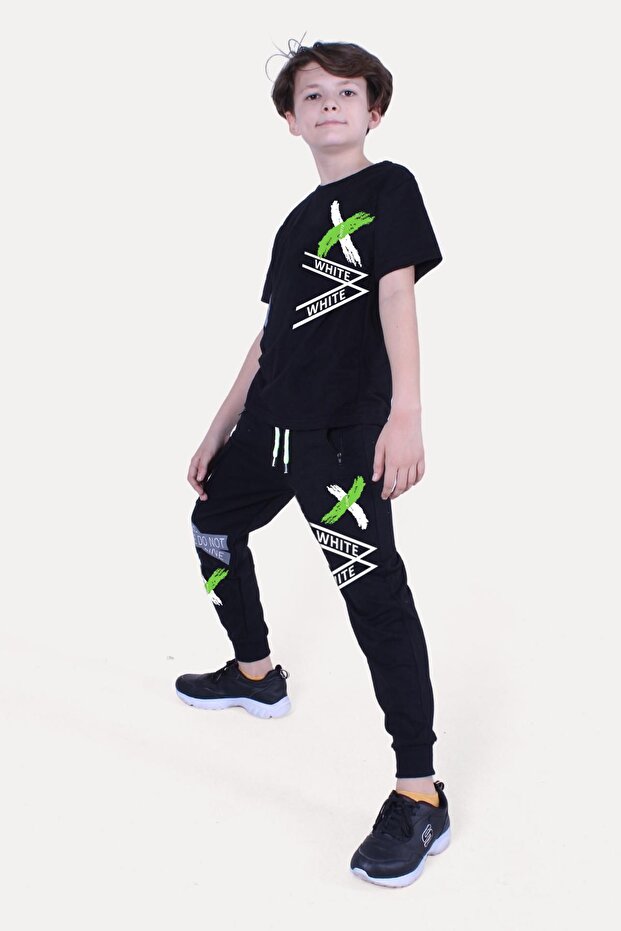 X Printed Boys' Bottom-Top Black Tracksuit Set