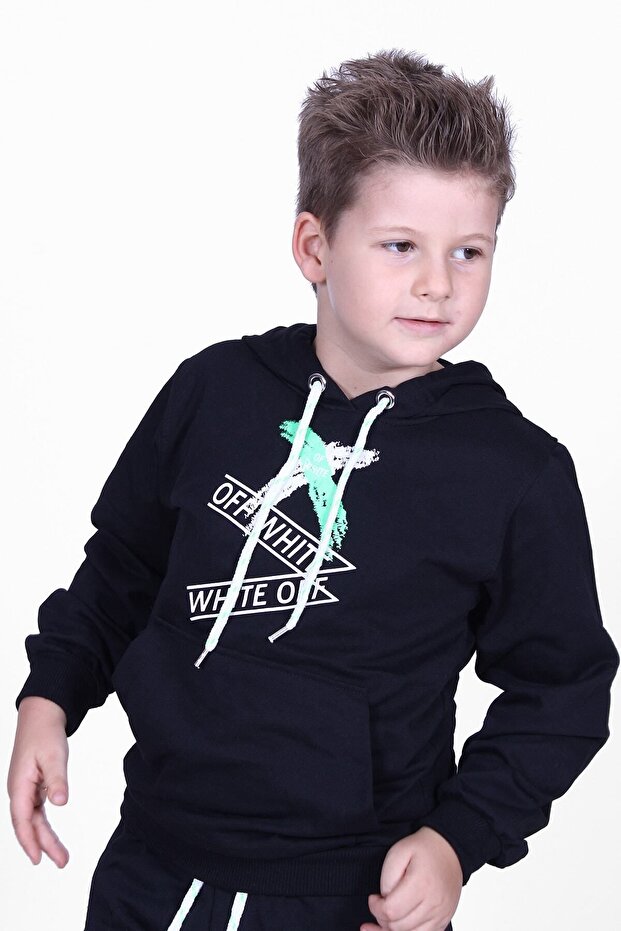 X Printed Kangaroo Pocket Hooded Boy's Black Sweatshirt