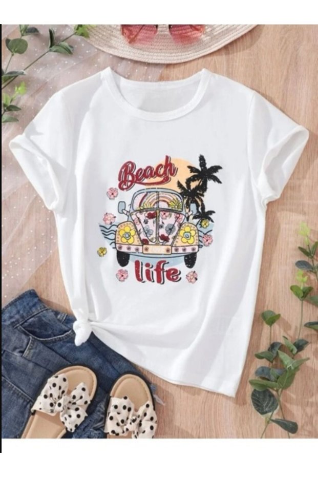 Children's Trend Model White T Shirt Printed Cotton
