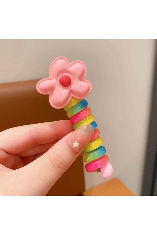 Pink Flower Model Auger Spring Pasta Barrette - Rainbow Colored Spiral Rubber Hair Clip