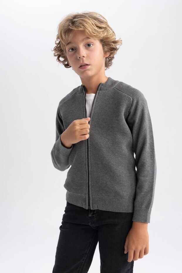 Boy's Gray Cotton Knitwear College Collar School Cardigan - A0594a823au