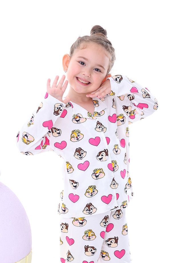 Sevimli Chip Dale Baskılı Düğmeli %100 Pamuk Kız Çocuk Pijama Takımı - 2