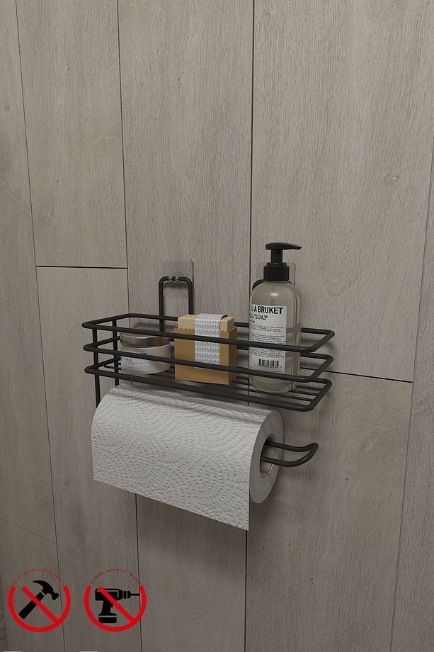Yapışkanlı Raflı Kağıt Rulo Havluluk Peçetelik Siyah Banyo Mutfak Düzenleyici Raf - 1