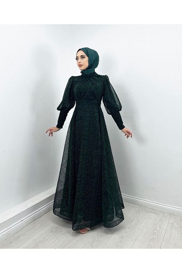 Tesettür Tül Abiye Elbise Jakarlı Simli Dokuma Kumaş Moda Düğün Şıklığı – Zümrüt - 1