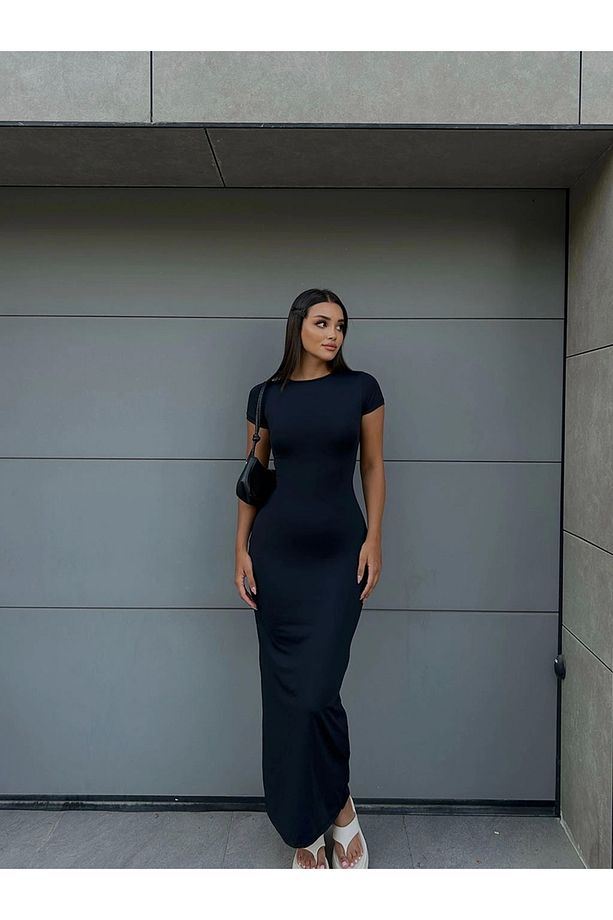 Siyah Kısa Kollu Sandy Kumaş Uzun Elbise 120 Cm - 1