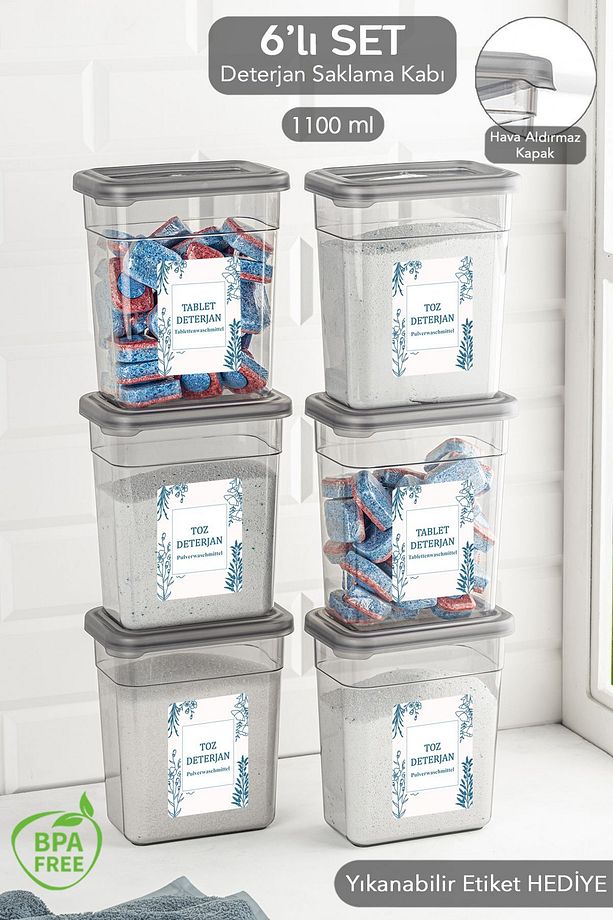 6'lı Etiketli Deterjan Saklama Kabı Seti - Hava Geçirmez Kapaklı Saklama Kutusu - 6 x 1100 ml - 1