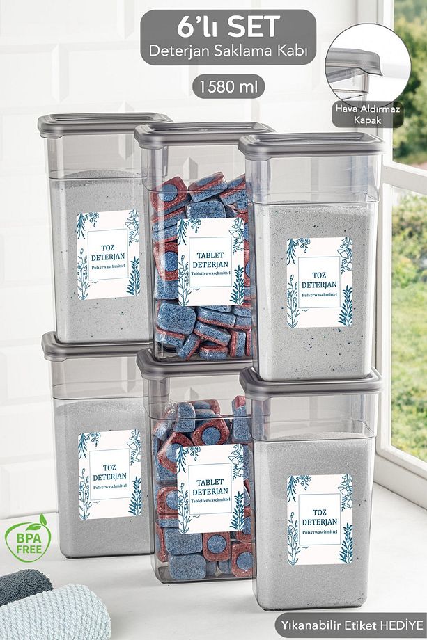 6'lı Etiketli Deterjan Saklama Kabı Seti - Hava Geçirmez Kapaklı Saklama Kutusu - 6 x 1580 ml - 1
