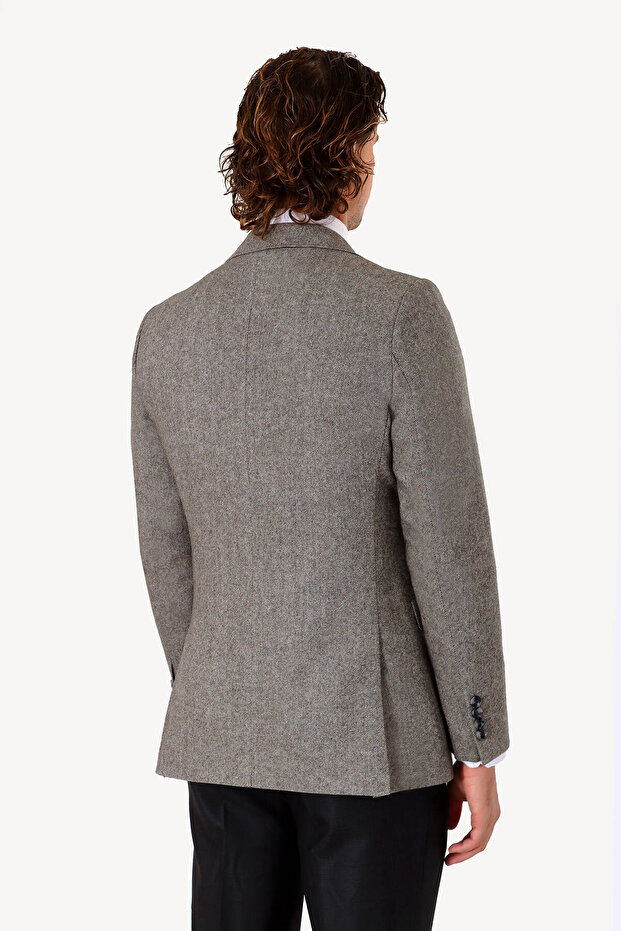 Erkek Gri Kışlık Yünlü Regular Fit Tek Ceket - 5