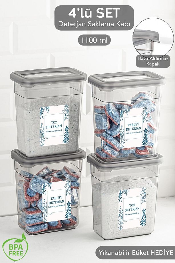4'lü Etiketli Deterjan Saklama Kabı Seti - Hava Geçirmez Kapaklı Saklama Kutusu - 4 x 1100 ml - 1