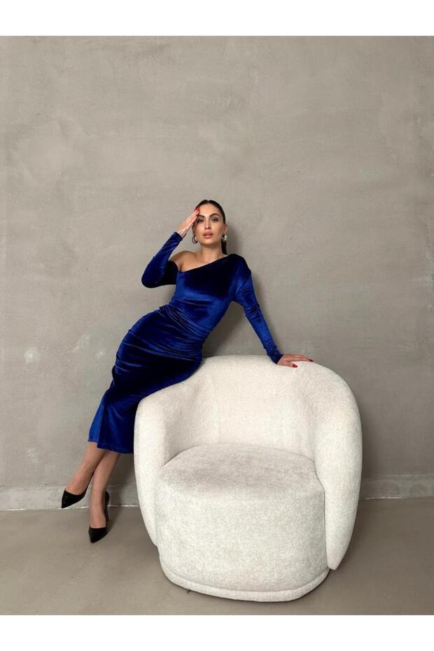 Kadife Tek Omuz Elbise - 2