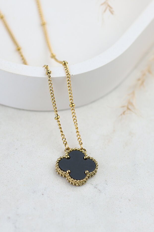 Mora Yonca Model Çelik Siyah Kolye - 1