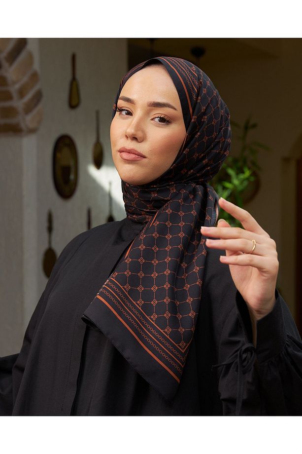 %100 Twill Ipek Monogram Şal - Siyah-Bakır - 4