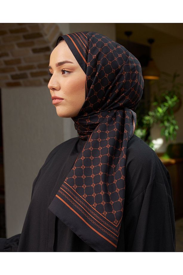 %100 Twill Ipek Monogram Şal - Siyah-Bakır - 3
