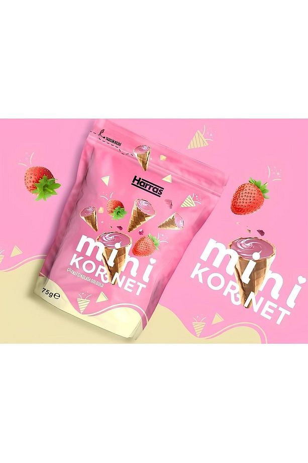 Çilekli çikolata dolgulu mini kornet 75gr X 4 Adet - 3