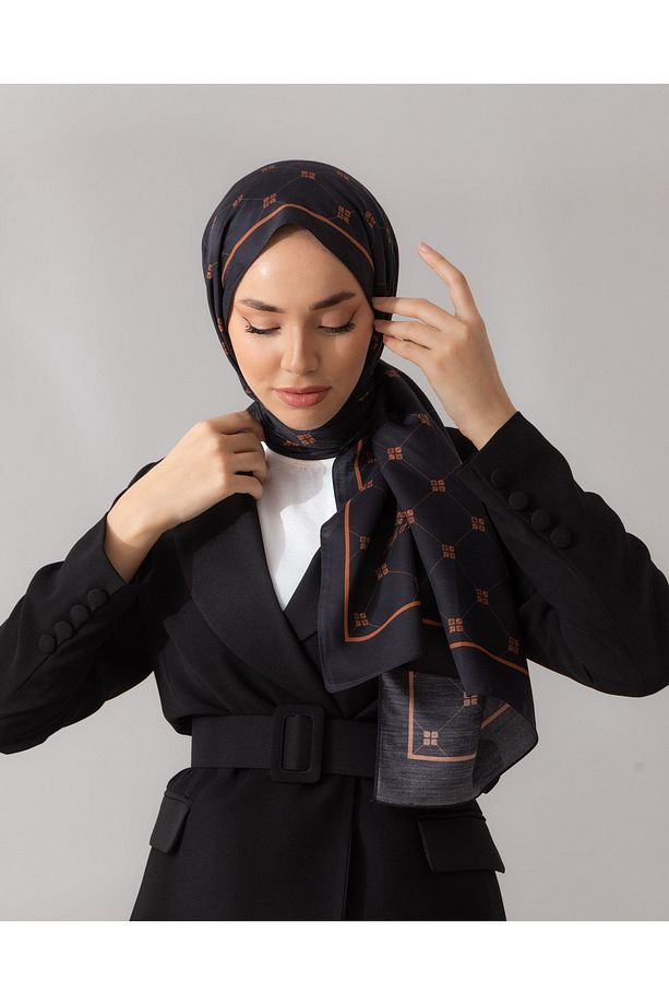 %100 Twill Ipek Monogram Şal - Siyah-Bakır - 3
