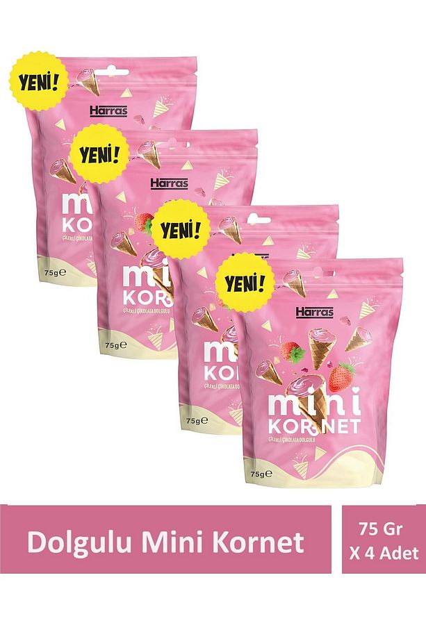 Çilekli çikolata dolgulu mini kornet 75gr X 4 Adet - 1