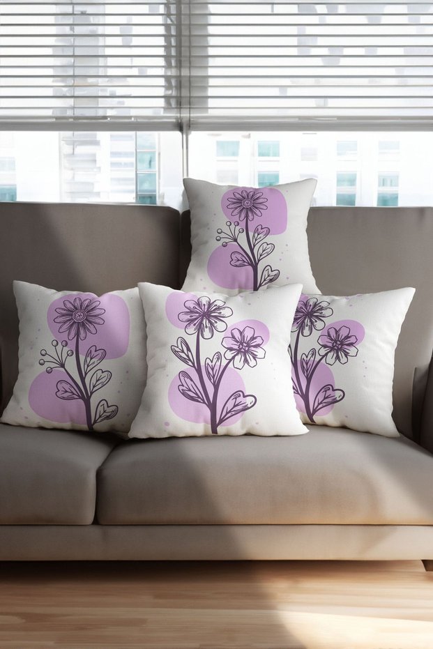 Purple and White Color Floral Patterned Gift 4-Piece Digital Printed Throw Pillow Cover