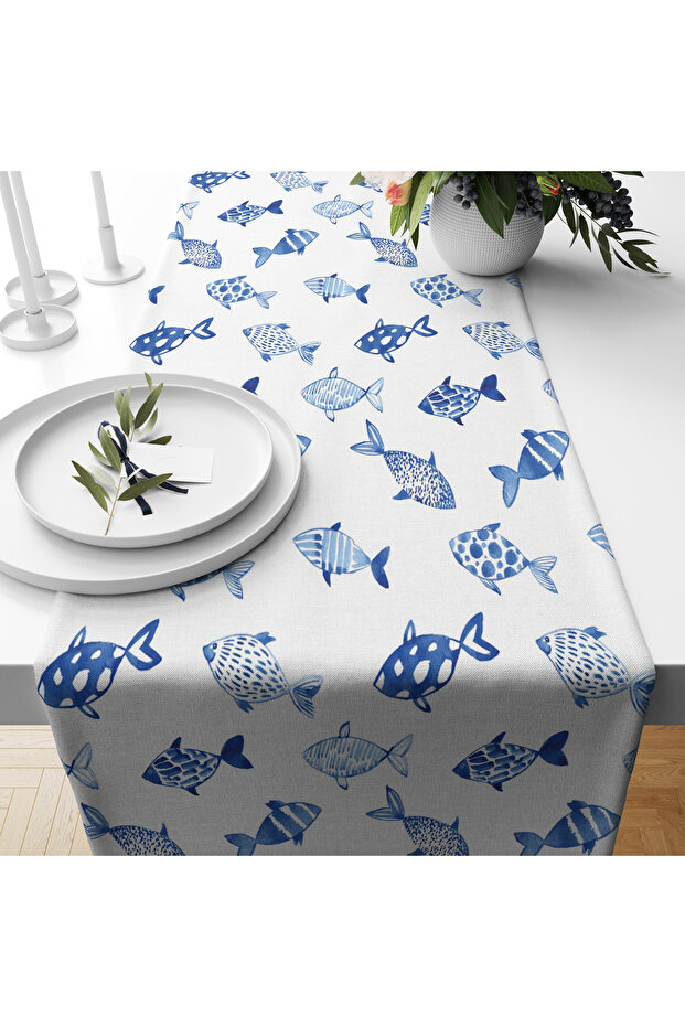 White Blue Fishes Patterned Washable Decorative Table Cloth Runner