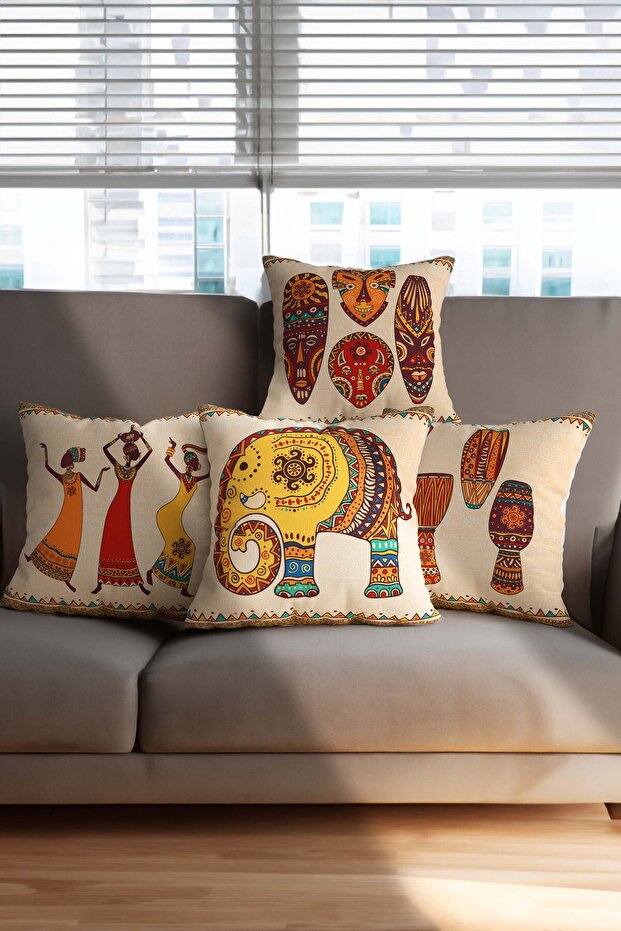 African Themed Ethnic Elephant Pattern Orange Color Digital Printed Luxury Velvet 4-Piece Throw Pillow Cover Set