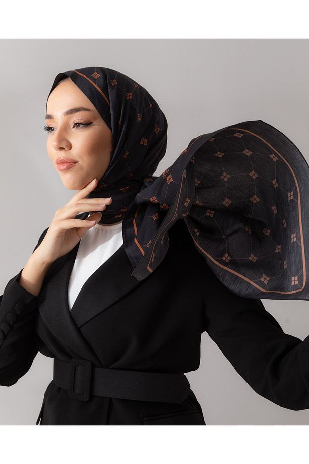 %100 Twill Ipek Monogram Şal - Siyah-Bakır - 4