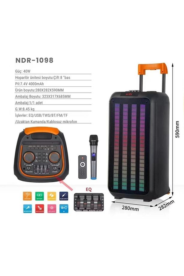Boomboxtr Ndr-1098 Şarjlı Taşınabilir Bluetooth Amfi Parti Hoparlörü Rgb Efekt Rms 80 w 2*8 inc - 1