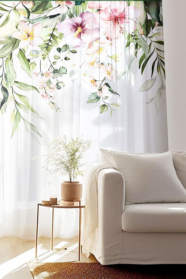 Renkli ÇiÇekler Desen Baskılı Dekoratif Salon Mutfak Tül Perde 140x260cm - 4
