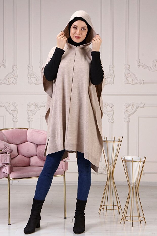 Women's Stone Side Laced Hooded Thin Knitwear Poncho